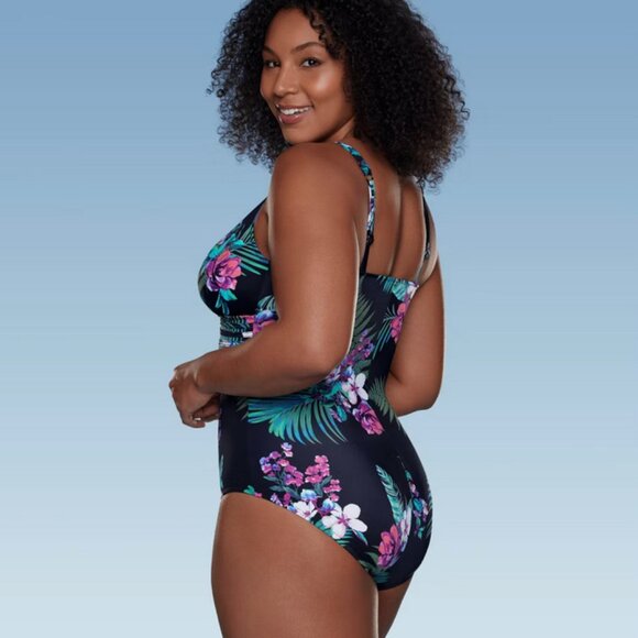 Waist Detail Over the Shoulder One Piece Swimsuit - Aqua Green® Black Floral L - Picture 6 of 7